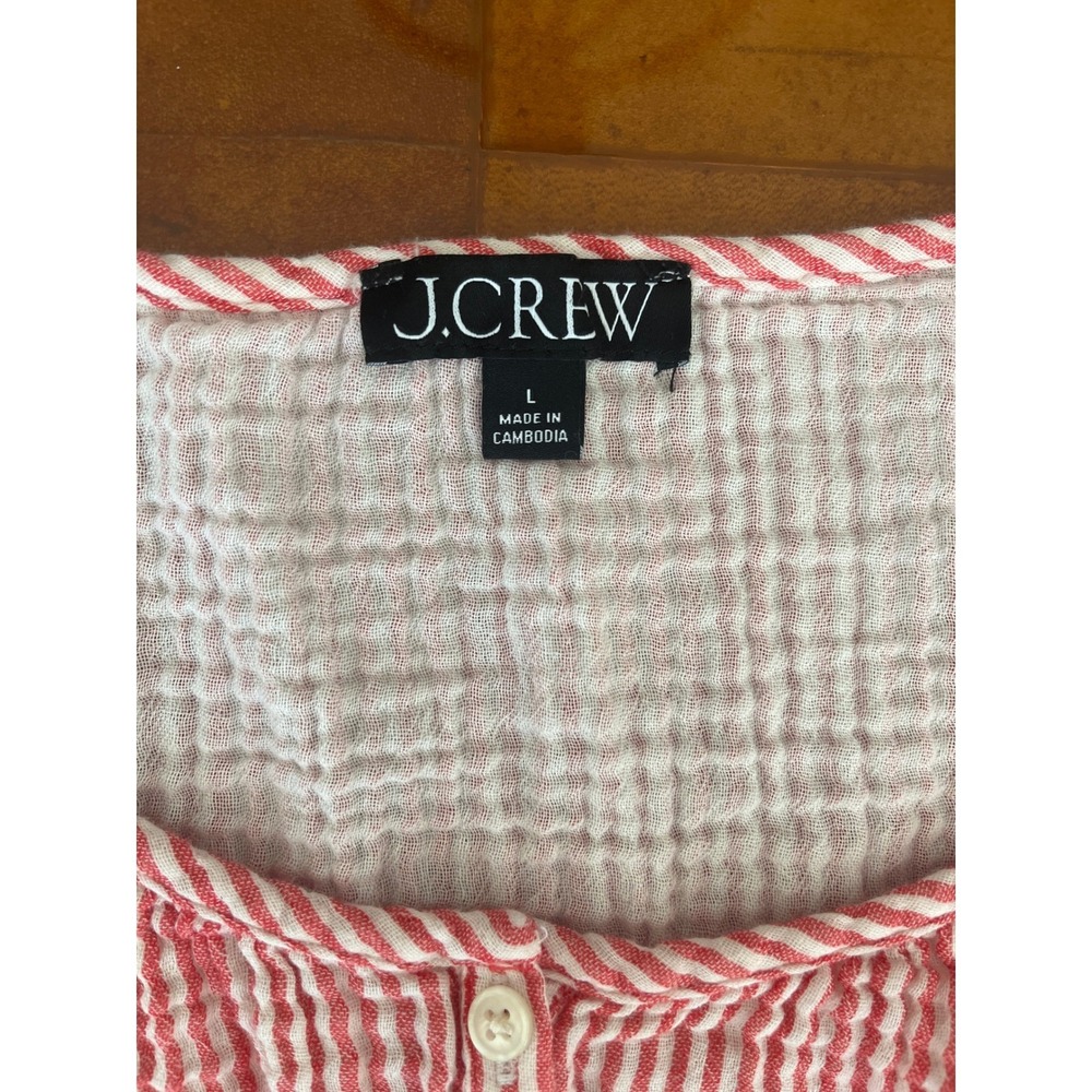 J. Crew Puff Sleeve Henley Top Red White Stripe Cropped Cotton Gauze Size Large - Picture 5 of 9